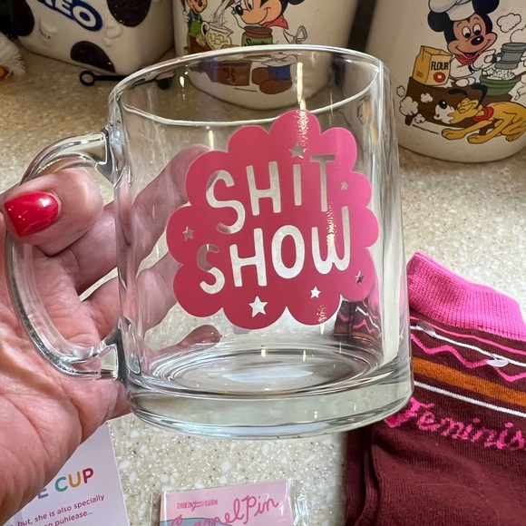 NEW Fave Cup Shit Show Mug Gift Set with Socks and Heart Pin Clear Pink Cup NEW - Picture 3 of 11